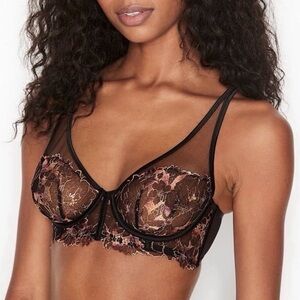Victoria’s Secret Black Orange Pink Floral Lace Very Sexy Unlined Plunge Bra 32C